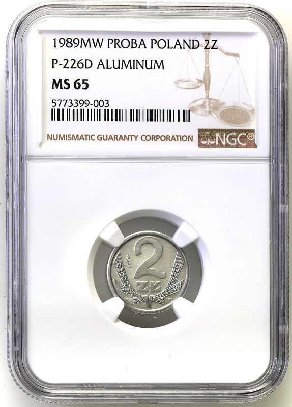 PRL. PRÓBA aluminium 2 złote 1989 NGC MS65 (MAX) - Nakład tylko 10 szt.